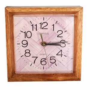 Vintage‎ Spartus Wall Clock Oak Wooden Frame Lavender Face Plaid Design 8" X 8"
